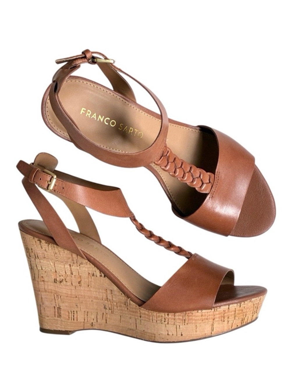 Franco Sarto Serenity2 Tan Leather Platform Wedge Sandals with Braided T-Strap